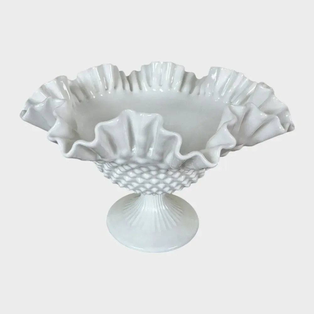 Vintage Fenton White Milk Glass Hobnail Footed Compote Bowl Ruffled Edge